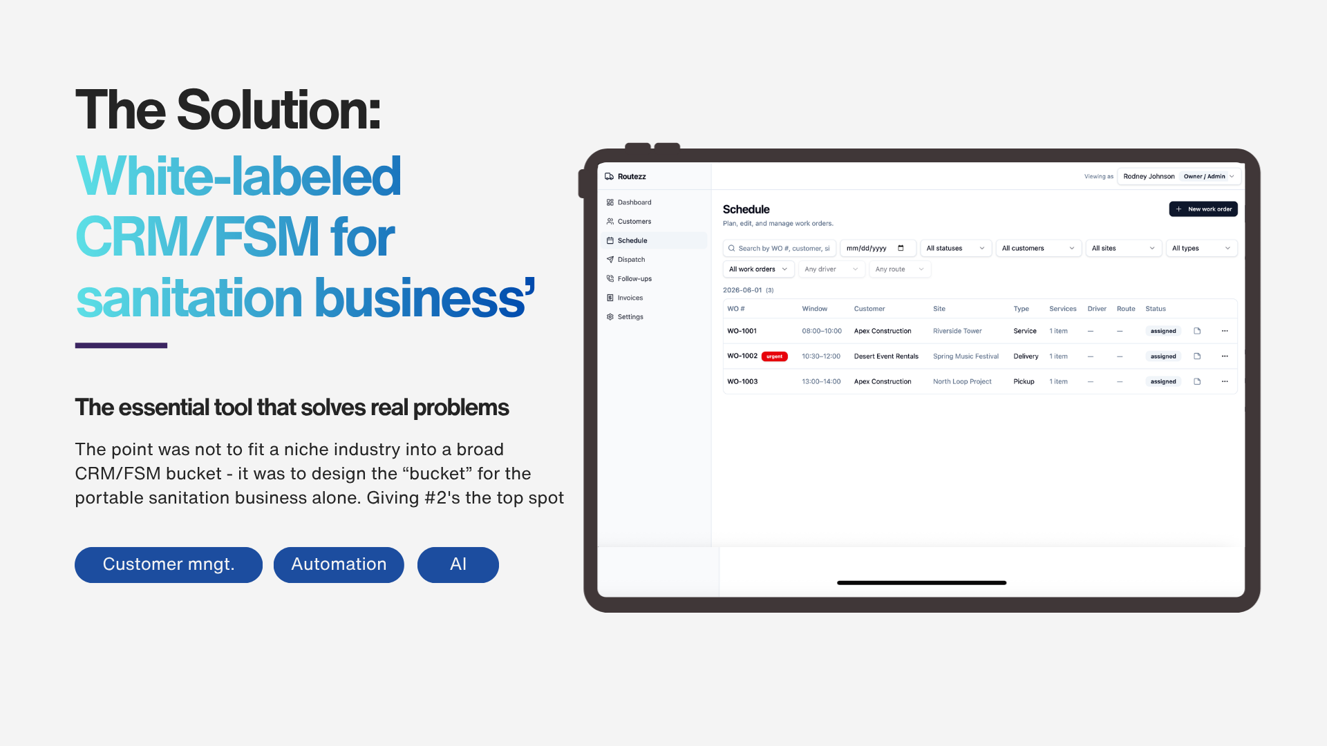 The solution — white-labeled CRM/FSM for sanitation